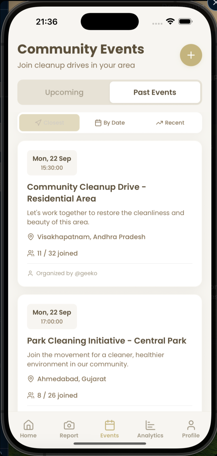 Community cleanup events screen